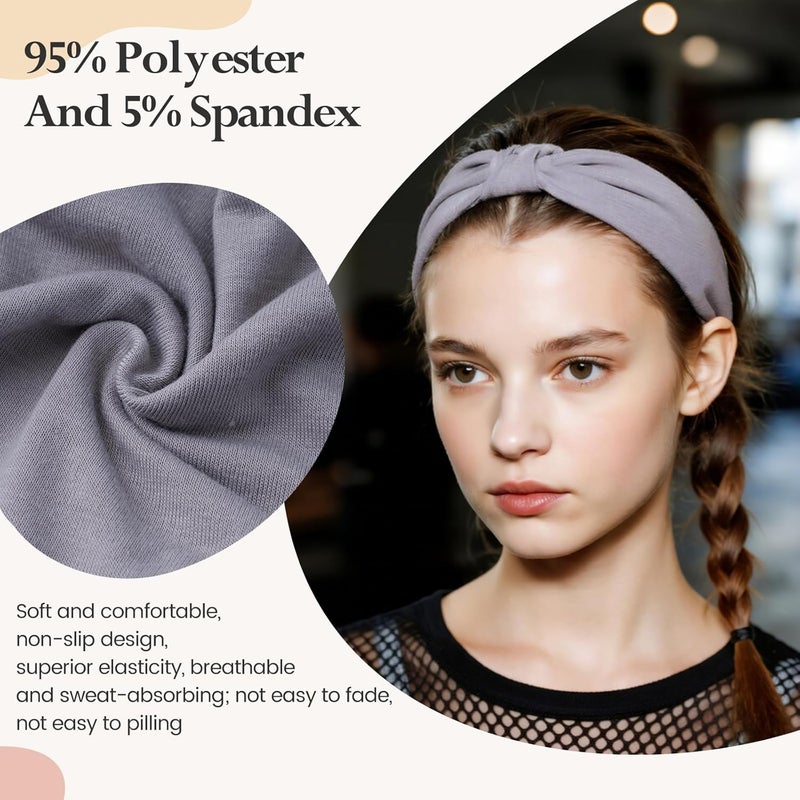 HSEM Headbands for Women, Wide Elastic Head Bands, Non-Slip Thick Hair Bands, Sports Stretchy Sweat Bands, Large Knotted Soft Headband for Washing Face, Makeup, Workout, Spa, Two Black/White/Gray - Image 3
